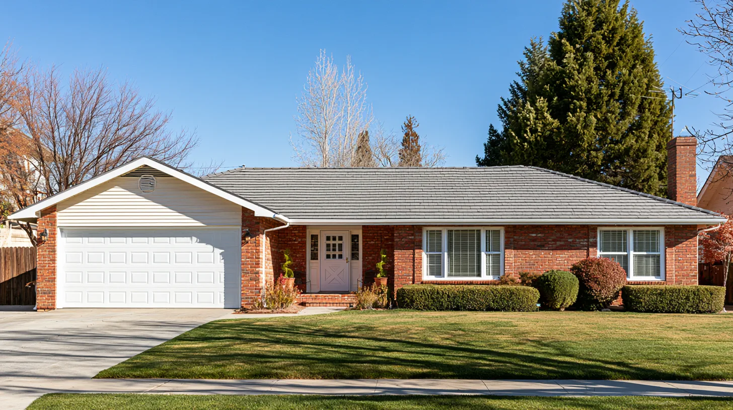 Illustrative finished view of a brick home with an intact gray shingle roof