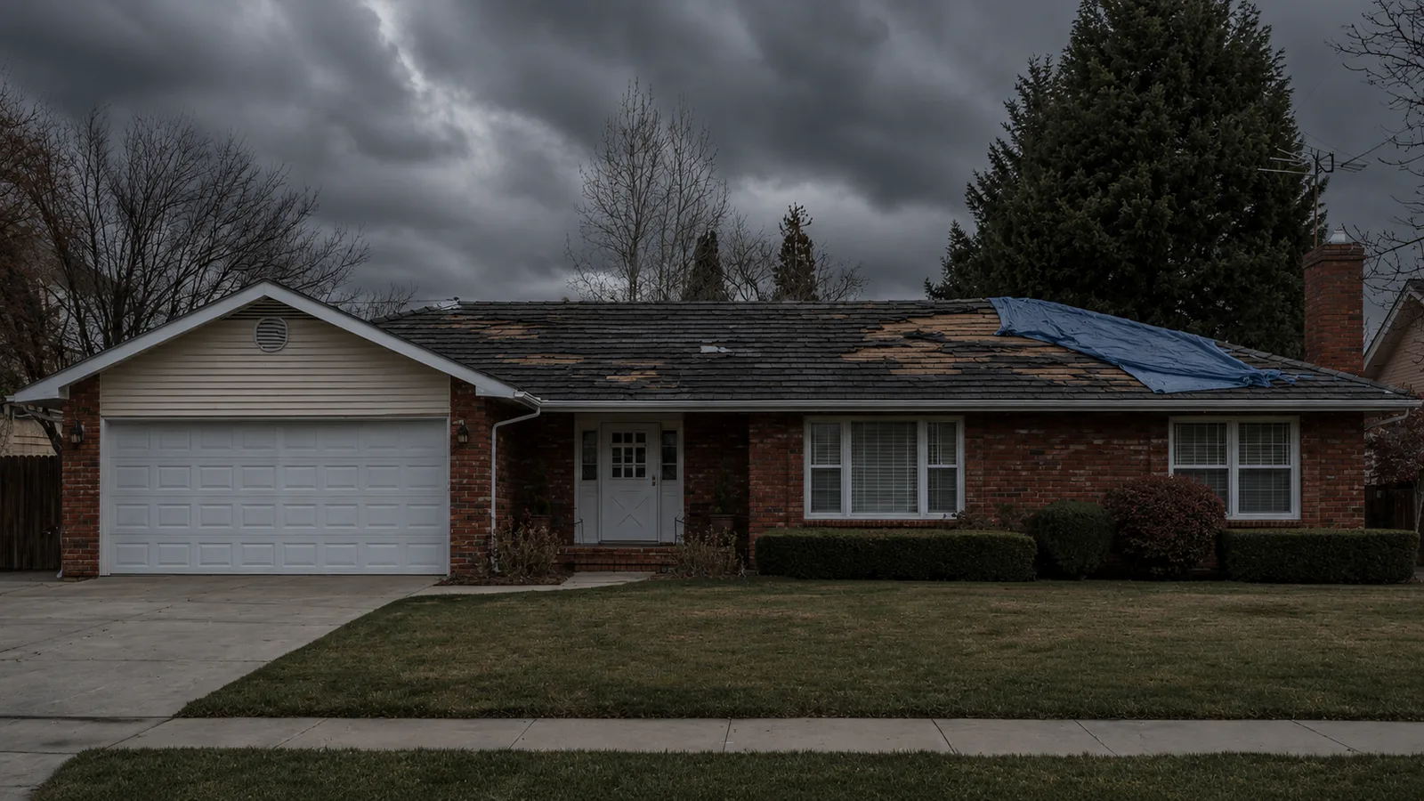 Illustrative view of a brick home with missing roof shingles and a blue tarp
