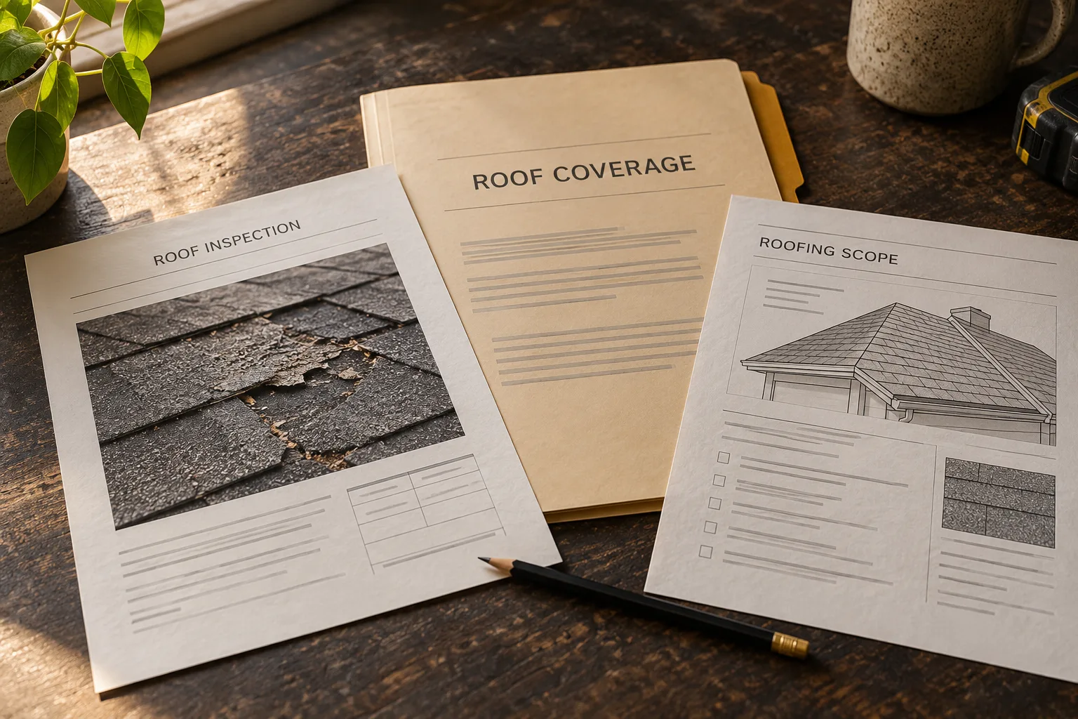 Illustration of roof inspection notes, coverage documents and a separate roofing scope on a table