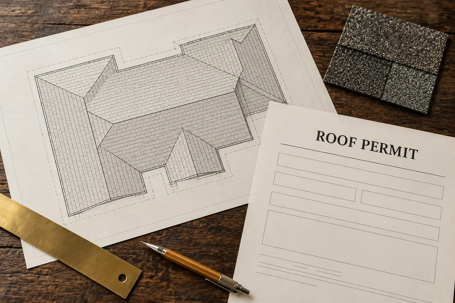 Illustration of a roof plan, blank permit application and asphalt shingle sample