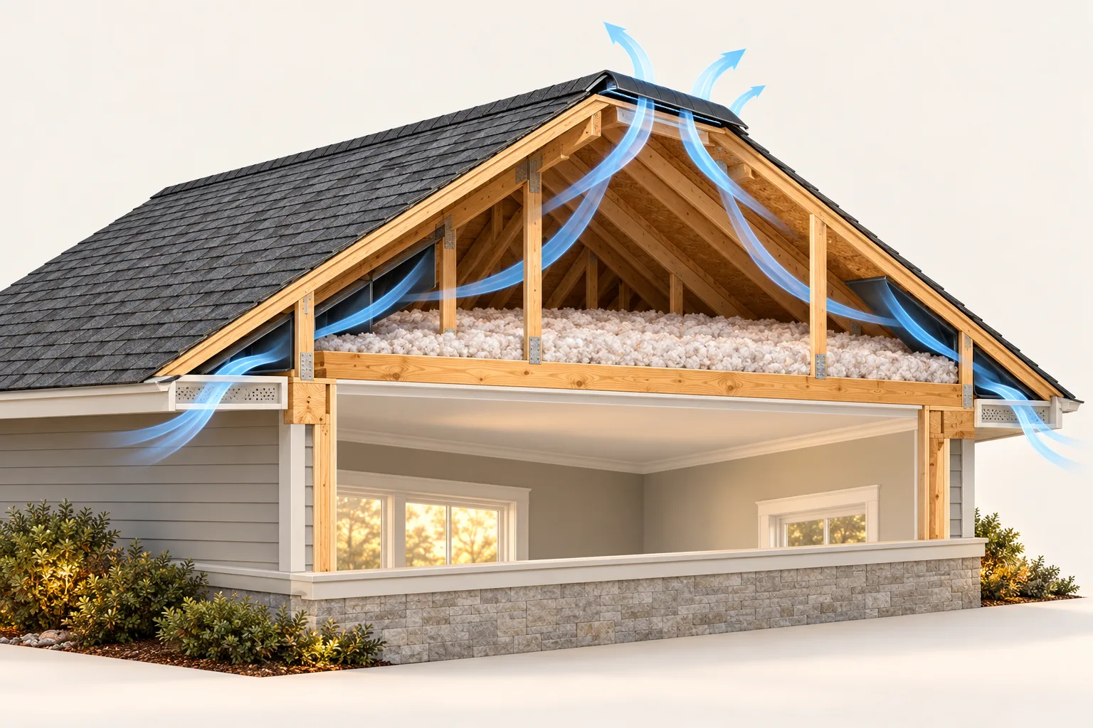 Cutaway illustration of an attic with airflow from low roof edges toward a ridge vent