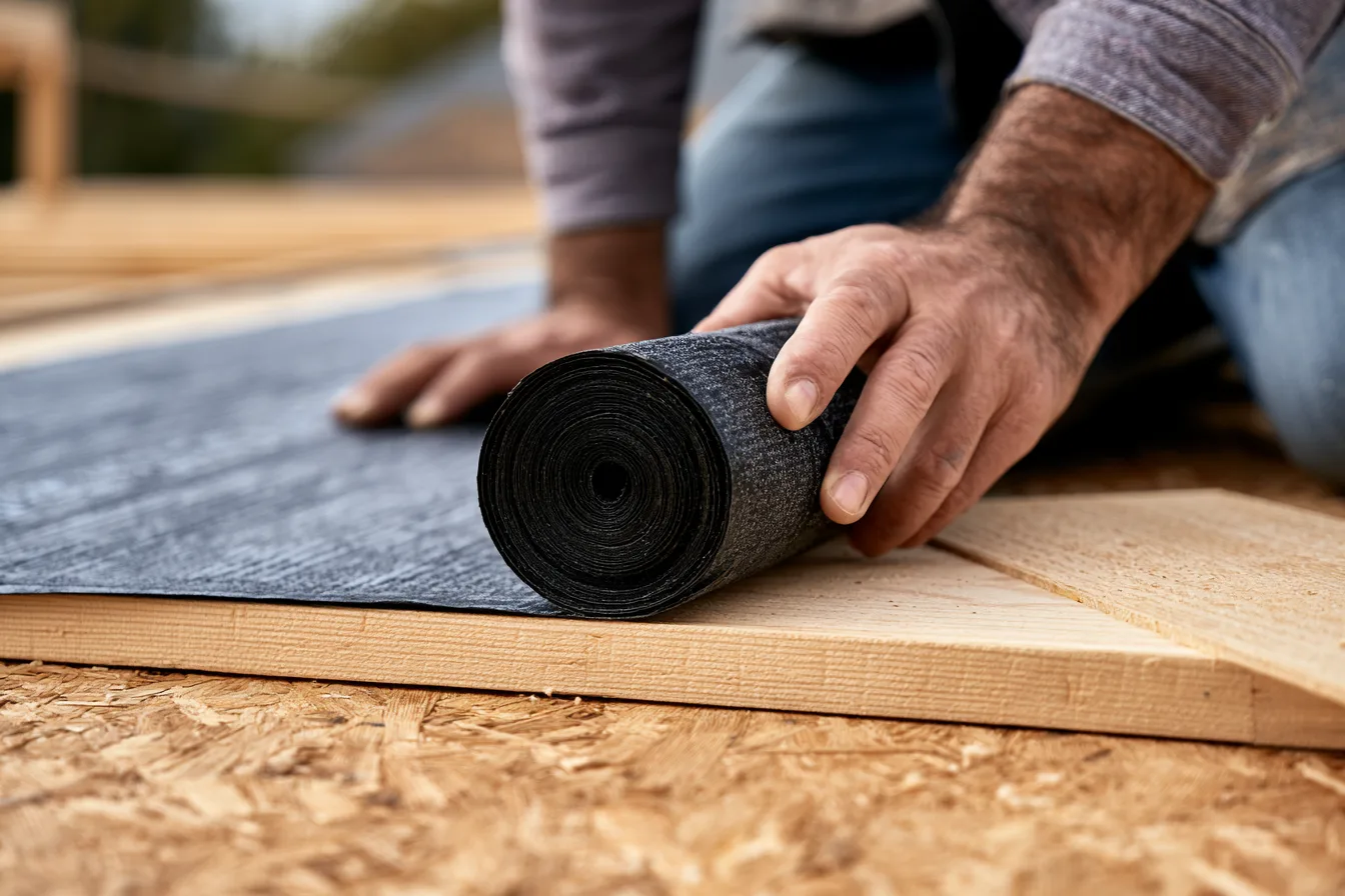 Hands unrolling black roofing underlayment across a wood surface.